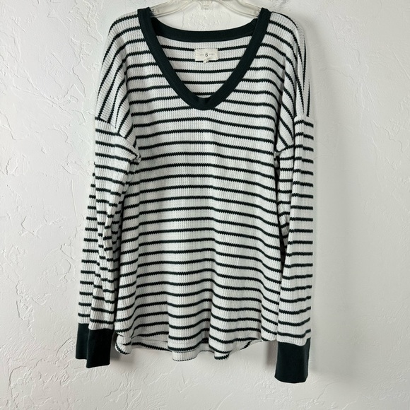 Lou & Grey Tops - Lou & Grey Knit Shirt Top Tee Henley Thermal Waffle Striped Green White‎ Thin